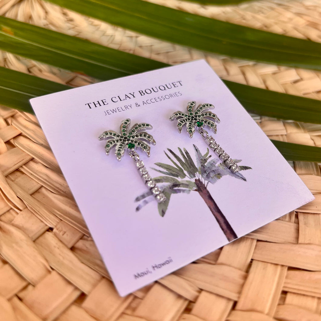 Silver CZ palm tree earrings