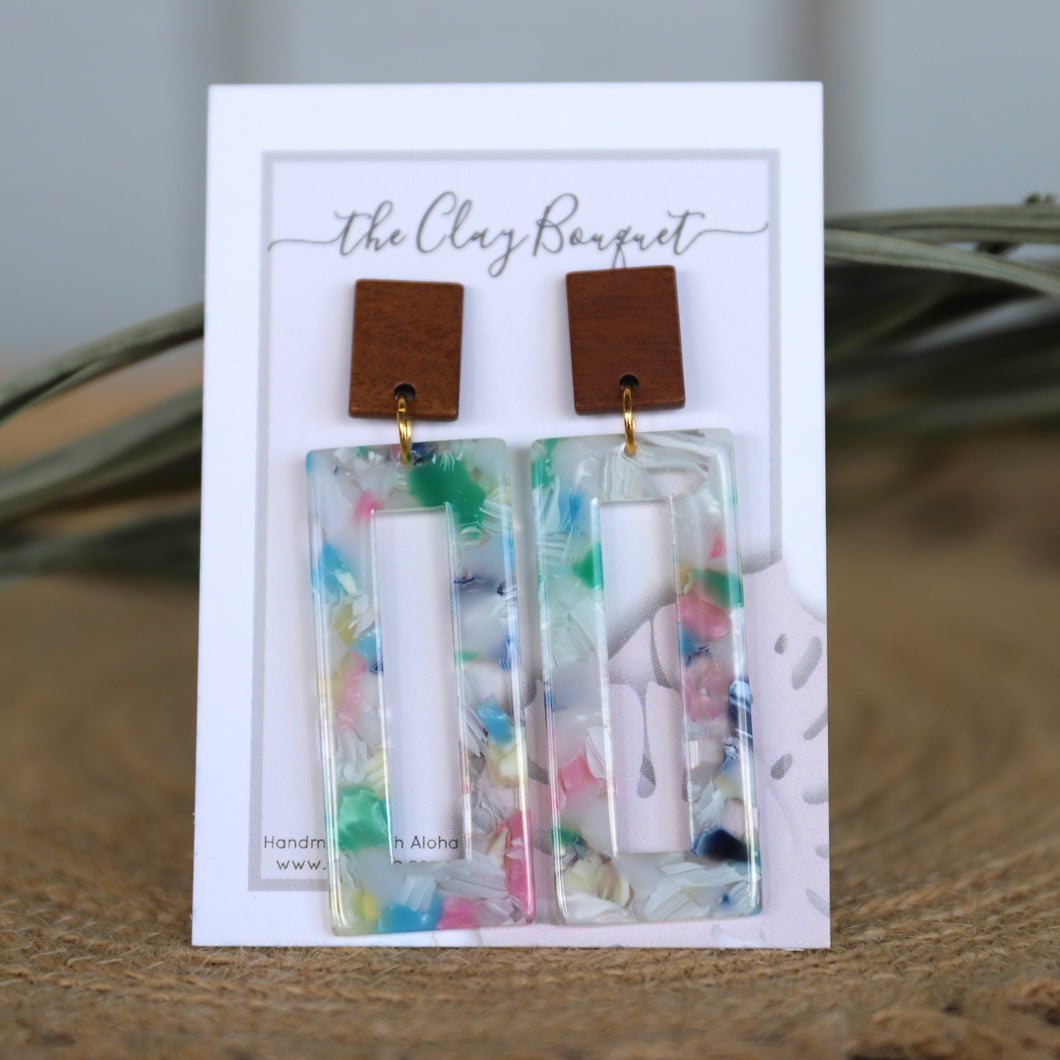 White, green & blue rectangle earrings