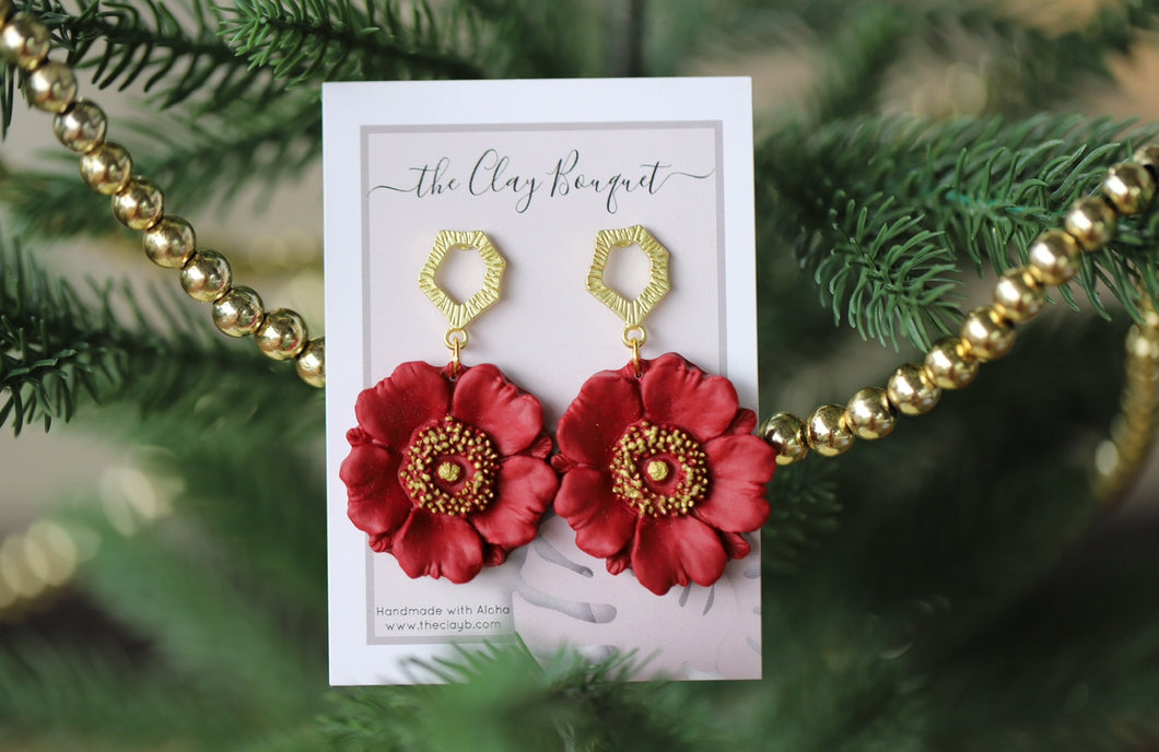 Clay - Red Poppy flower earrings