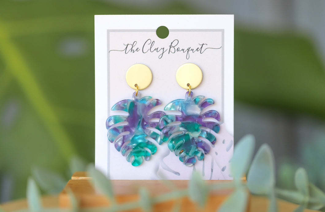 Monstera earrings - purple & green