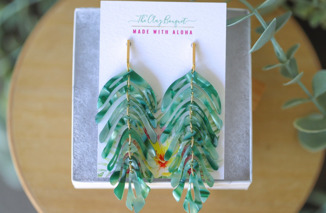 Long palm leaf earrings - Green