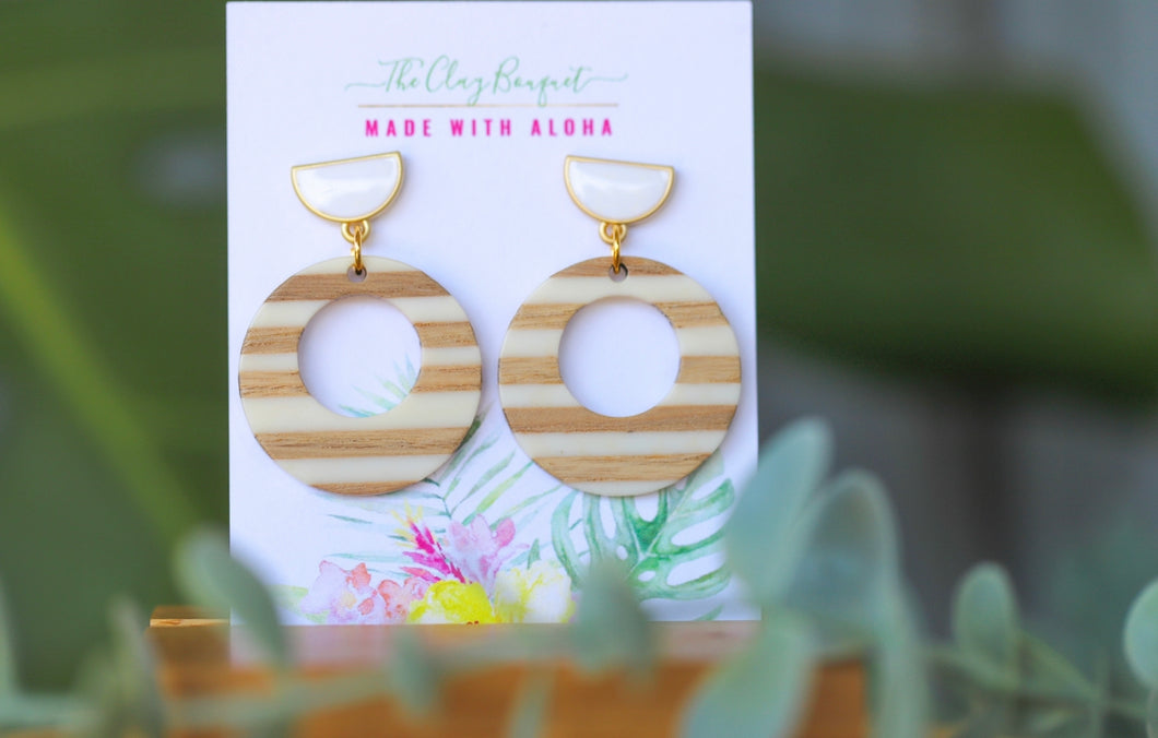 Striped wooden circle earrings