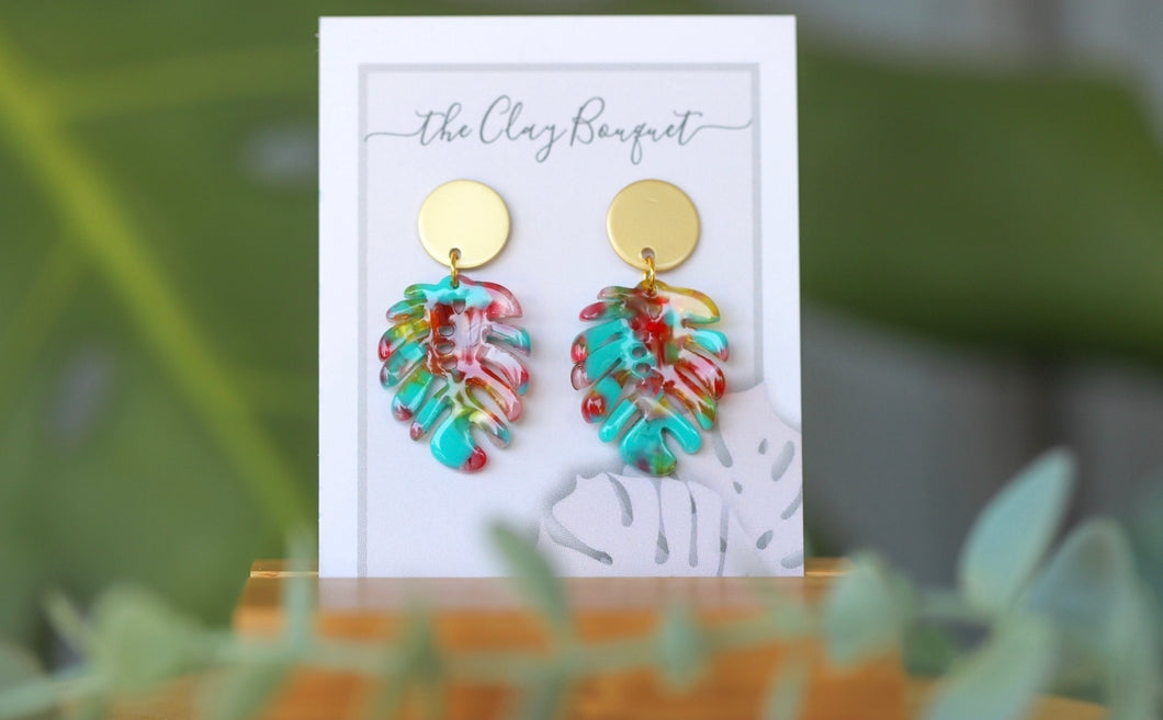 Monstera earrings - blue & red